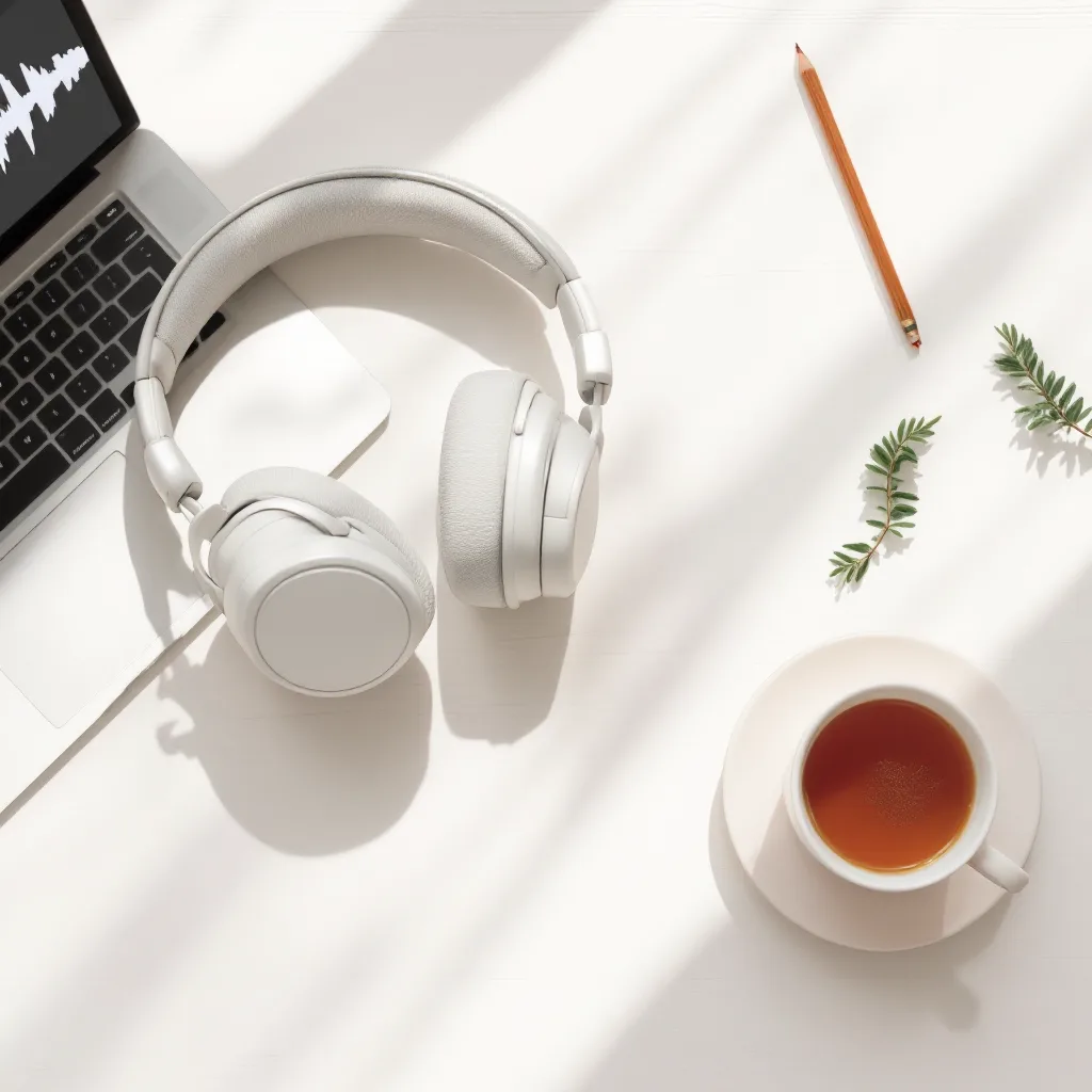 Headphones, tea and a pencil beside a laptop