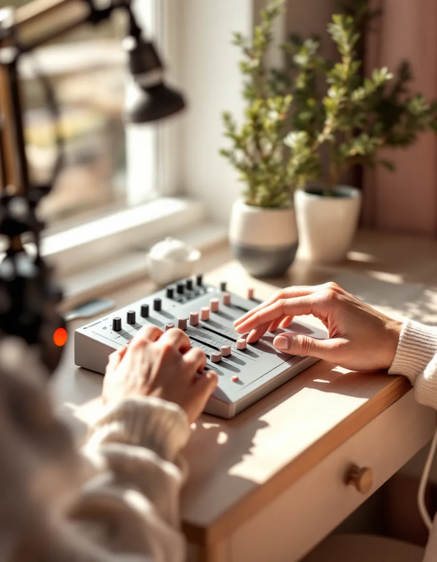 Hands on the faders of a small mixing desk