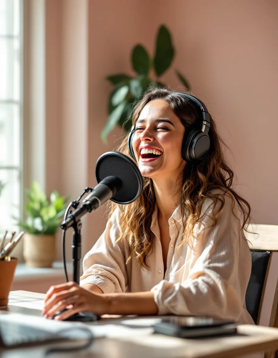 A podcaster laughing mid-recording in soft daylight
